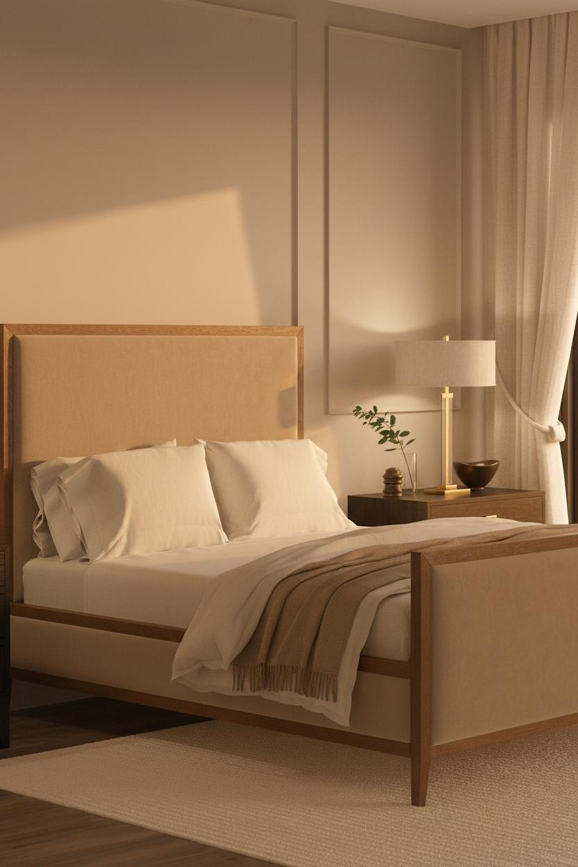 Warm bedroom with couple cuddling on neutral bedding, soft bedside lamp casting gentle light, cream linens, natural wood frame, calm intimate atmosphere for date night at home.