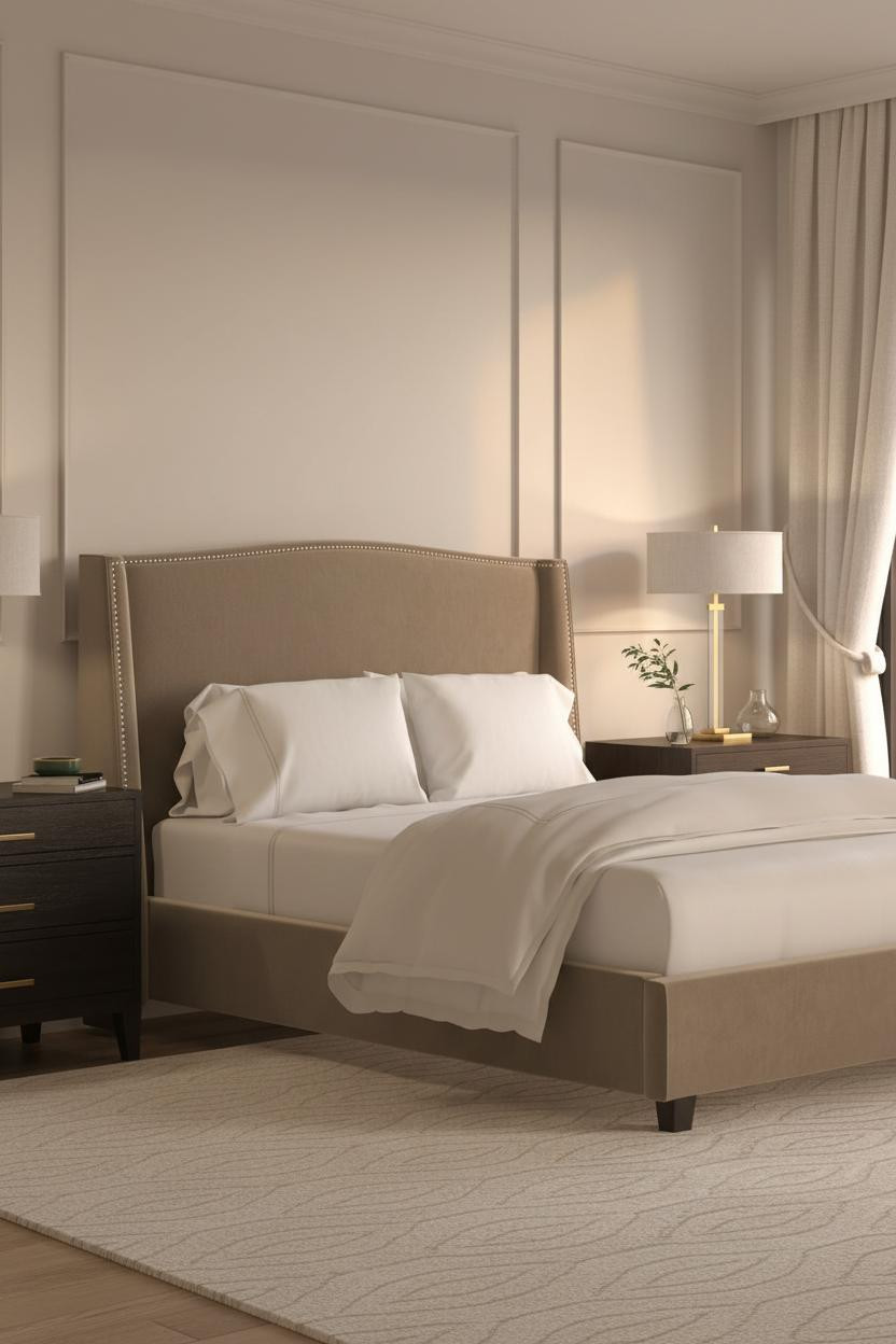 Warm bedroom with couple cuddling on bed, soft bedside lamp casting gentle light, neutral bedding, intimate lighting, cozy date night setup at home