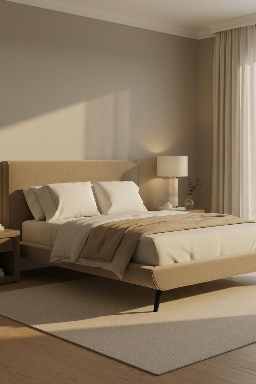 Bright, airy couple bedroom with neutral bedding, soft bedside lamp lighting, and warm natural daylight creating an intimate yet comfortable space for cuddle nights and romantic at-home dates.