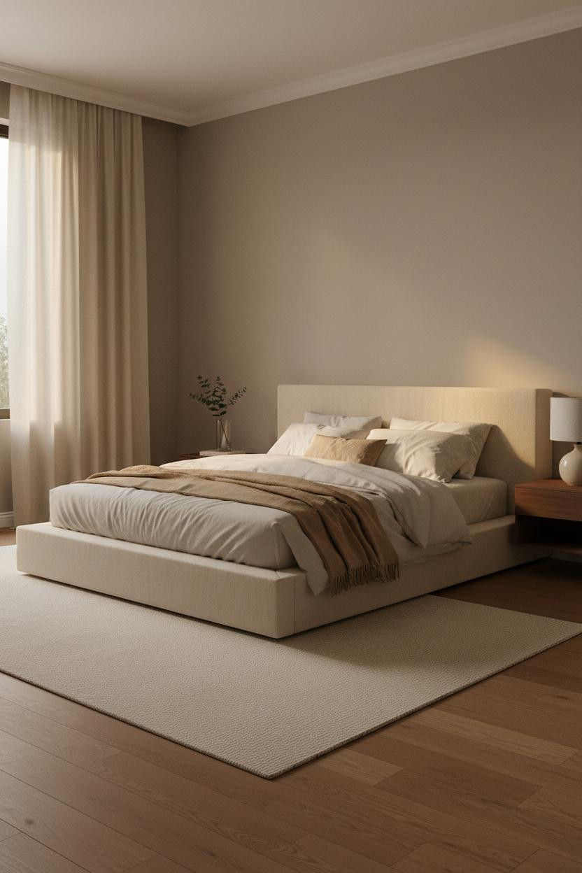 Warm bedroom with couple cuddling on neutral bedding, soft bedside lamp casting gentle light, cream linens, wooden frame bed, intimate at-home date night setup.