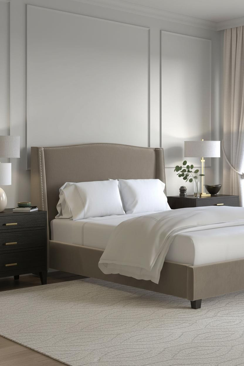 Warm bedroom with couple cuddling on bed frame, soft bedside lamp casting gentle light, neutral bedding, calm intimate atmosphere for date night at home.