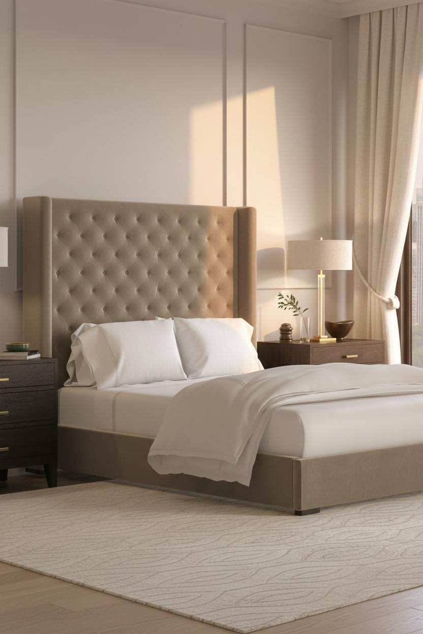 Warm bedroom with soft bedside lamp lighting, neutral bedding on comfortable bed frame, and intimate cozy atmosphere designed for couples to cuddle and spend romantic nights together at home.