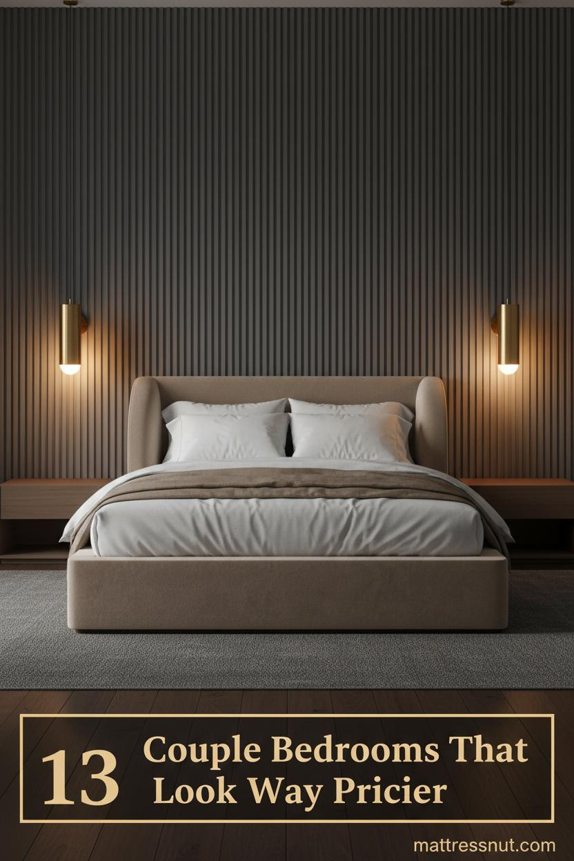 Charcoal fluted accent wall behind a king bed with taupe linen duvet, warm brass sconces, walnut nightstands, and dark oak flooring