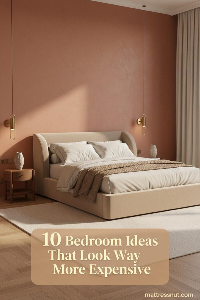 Romantic couple bedroom with terracotta limewash wall, low-profile upholstered bed, ivory linen bedding, brass sconces, and walnut nightstand