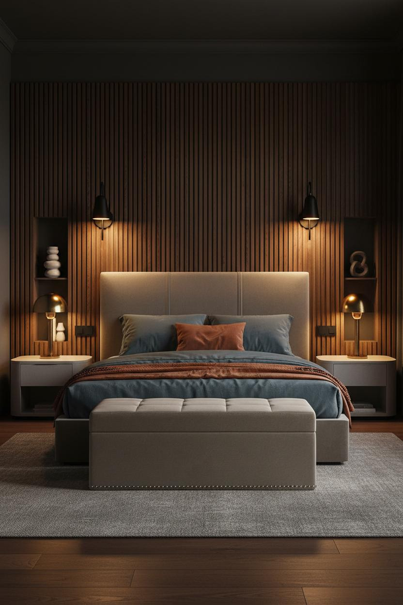 Couple Bedroom Moody Walnut Headboard with Sage Accent Wall and Warm Lighting