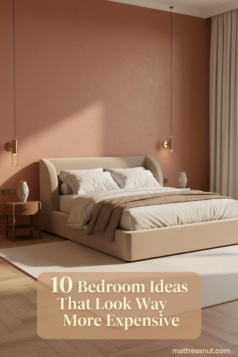 Romantic couple bedroom with terracotta limewash wall, low-profile upholstered bed, ivory linen bedding, brass sconces, and walnut nightstand