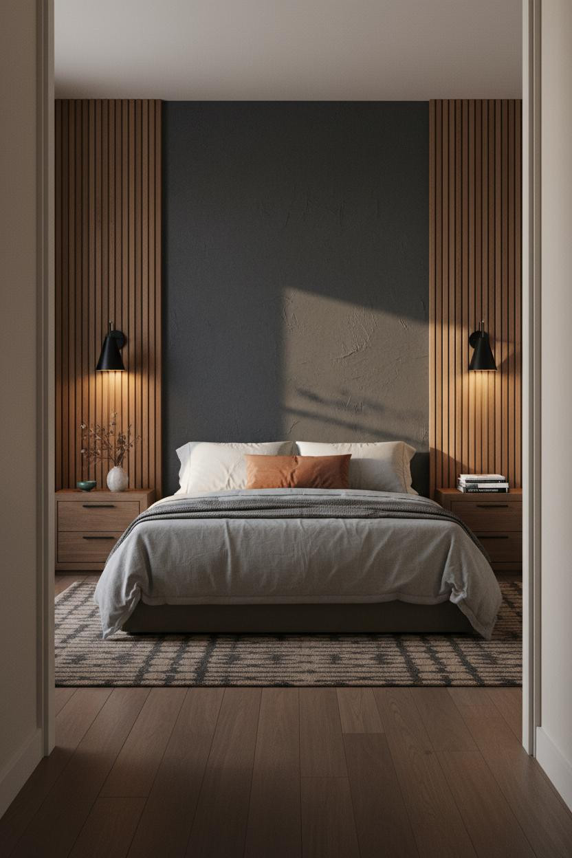 Couple Bedroom Japandi Charcoal Accent Wall with Cream Linen and Natural Oak
