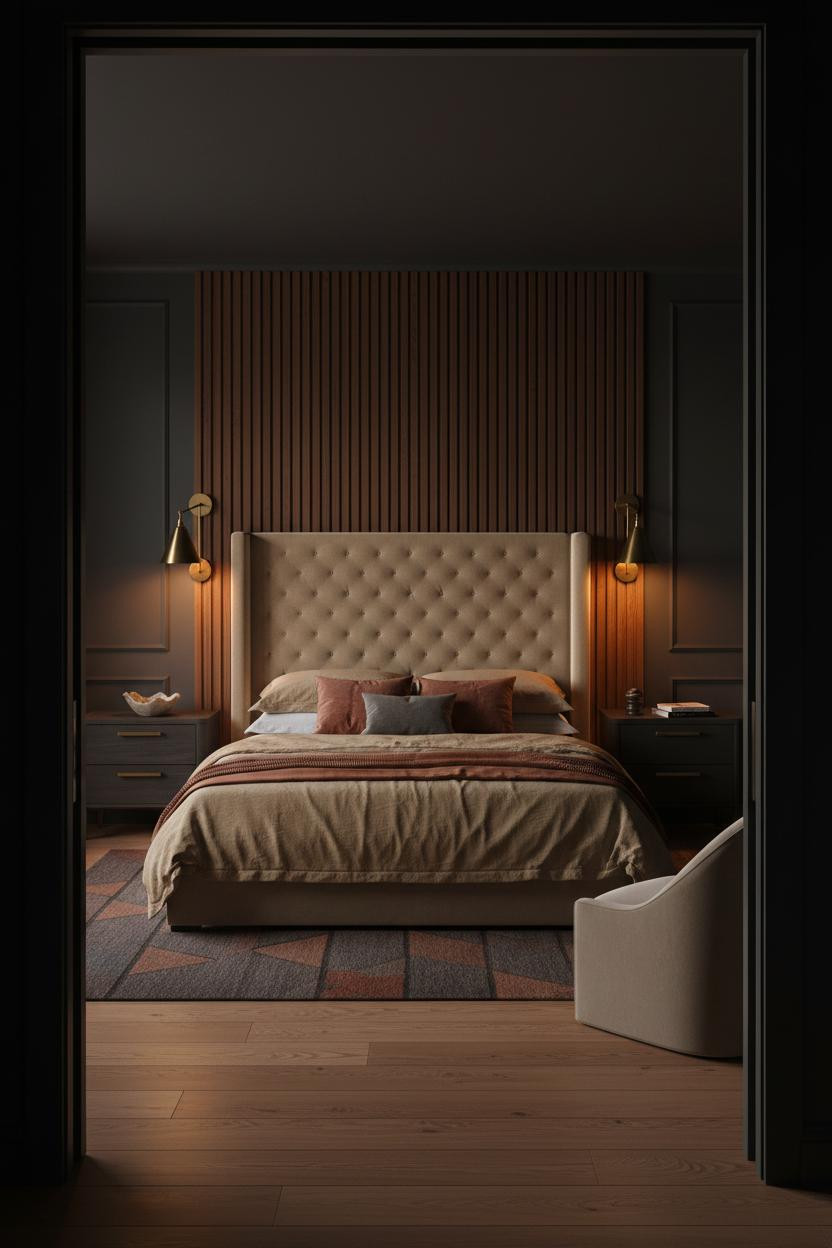 Couple Bedroom Japandi Dark Walnut Headboard with Sage Green Walls