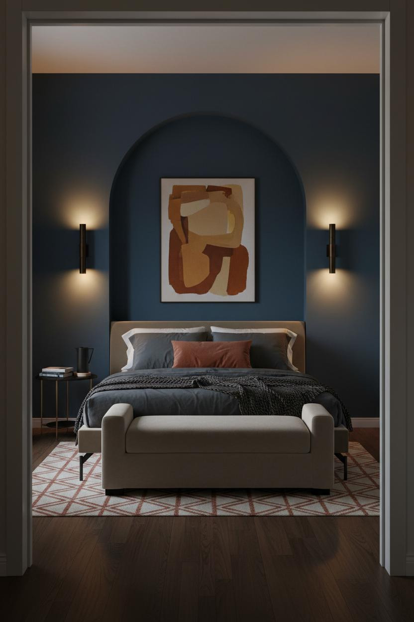 Couple Bedroom Slate Blue Accent Wall with Warm Ochre Art and Cushioned Bench