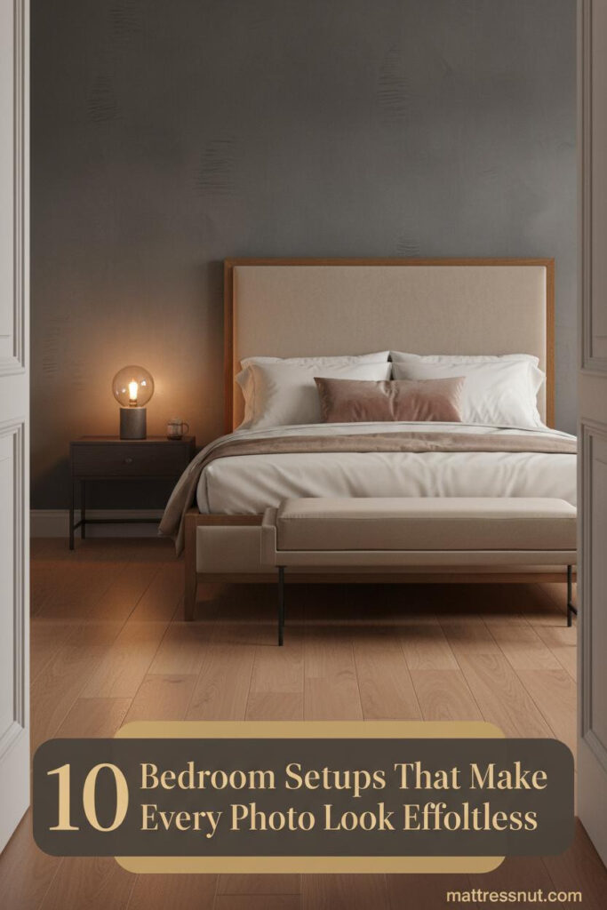 Cozy couple bedroom with greige plaster accent wall, cream sateen bedding, blush velvet pillow, taupe bench, and warm amber lamp glow