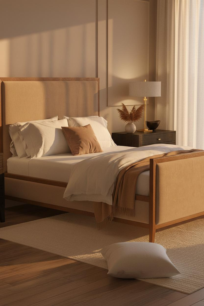 Bright, airy bedroom with a modern bed frame, soft neutral bedding, warm bedside lamp, and natural daylight creating an intimate couple's bedroom aesthetic.