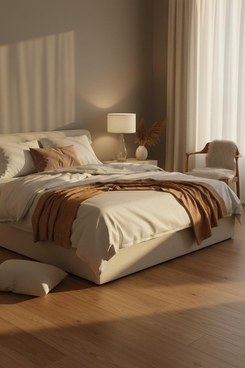 Couple in bed together on neutral bedframe with soft bedside lamp lighting, intimate embrace, warm natural light from window, cozy bedroom aesthetic with white linens and minimal decor.