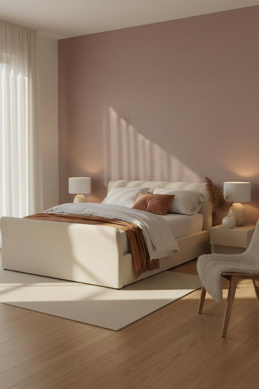 Couple in bright bedroom on modern bed with soft bedside lamp, warm lighting, intimate pose, neutral bedding, clean minimalist aesthetic, natural daylight from window.