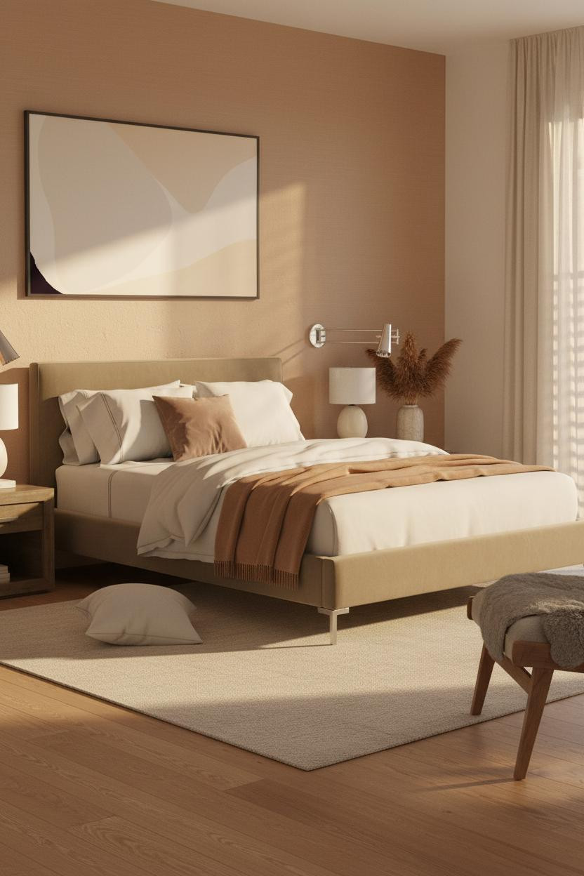 Couple in modern bedroom on contemporary bed frame with soft bedside lamp lighting, intimate pose, neutral bedding, bright natural light from window, minimalist aesthetic.