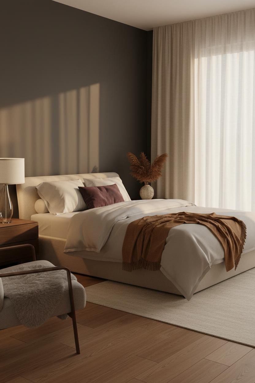 Intimate couple on modern bed with soft bedside lamp lighting, warm neutral bedroom with natural light, cozy relationship aesthetic, faceless couple pose for bedroom goals