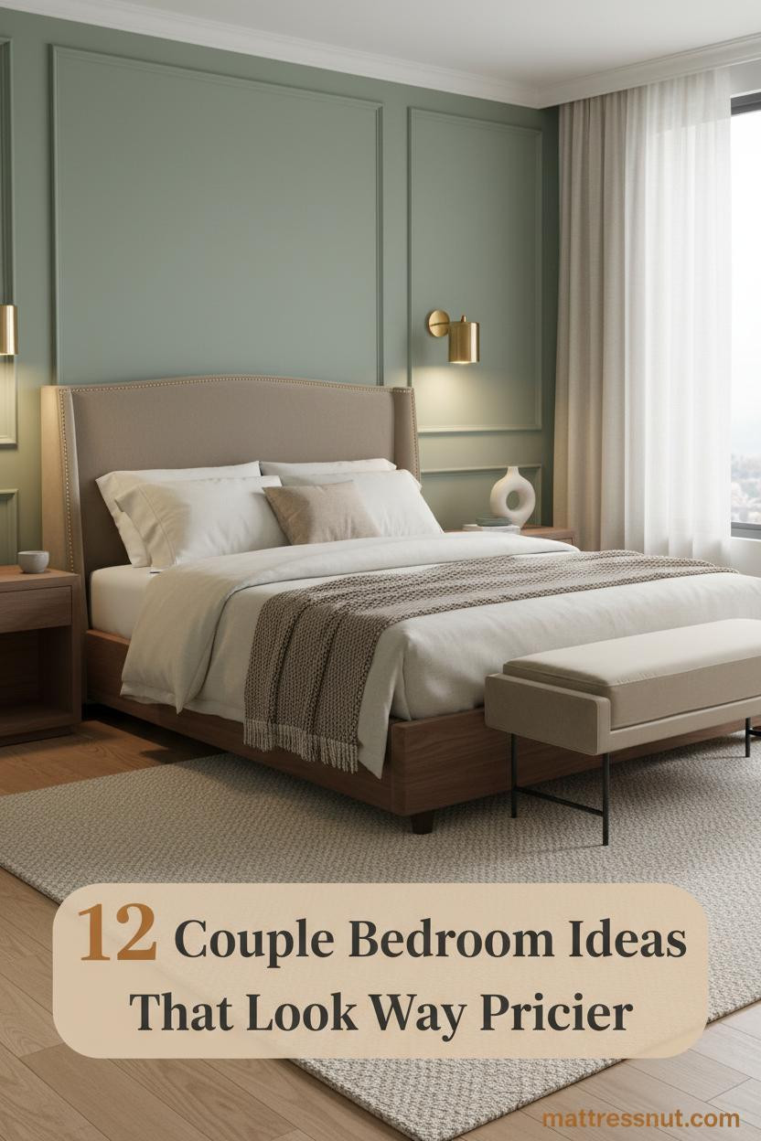 Sage green paneled accent wall behind a low walnut platform bed, cream linen bedding, taupe throw, brass sconces, and woven wool rug