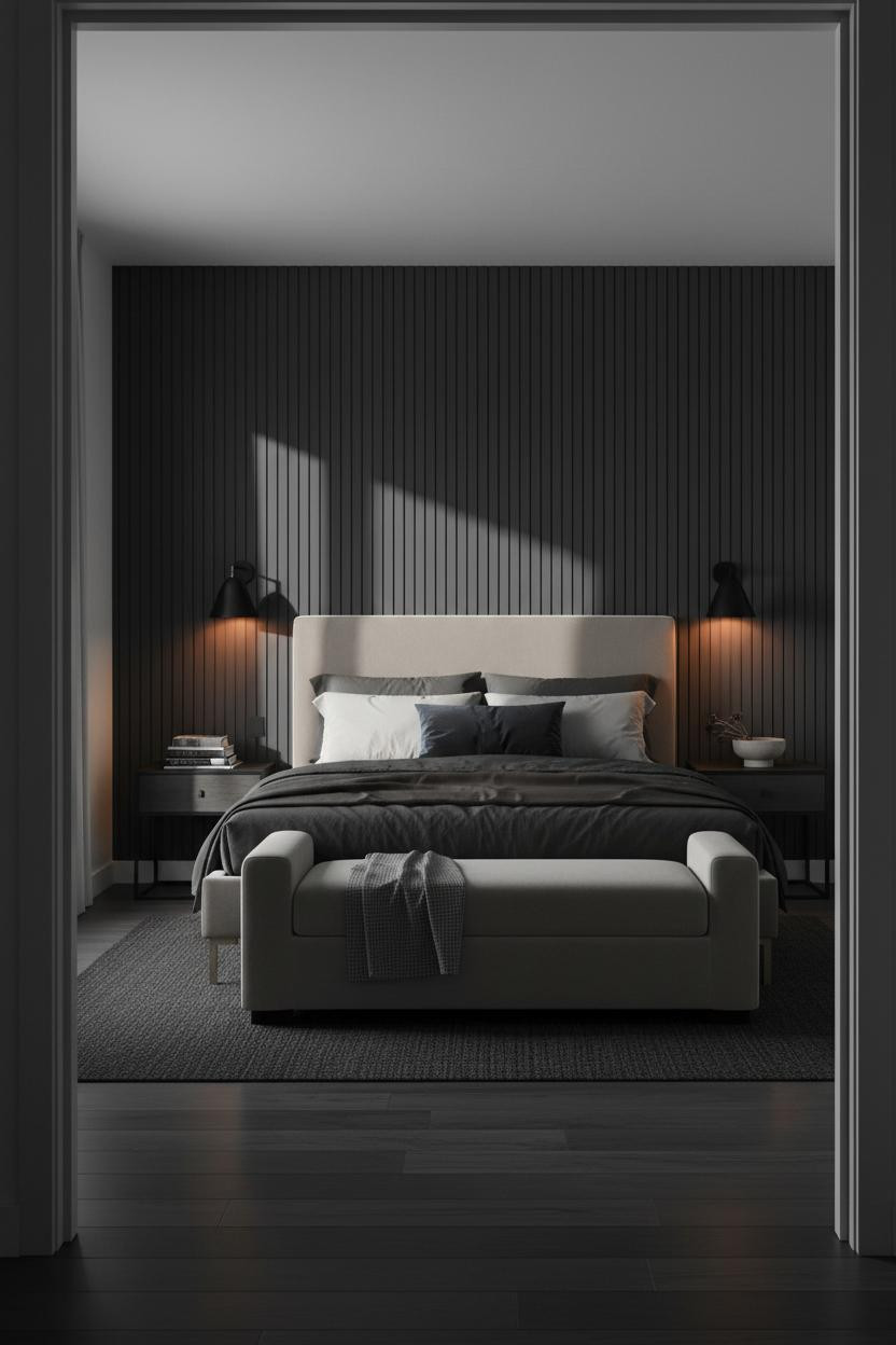 Couples Bedroom Navy Fluted Wall