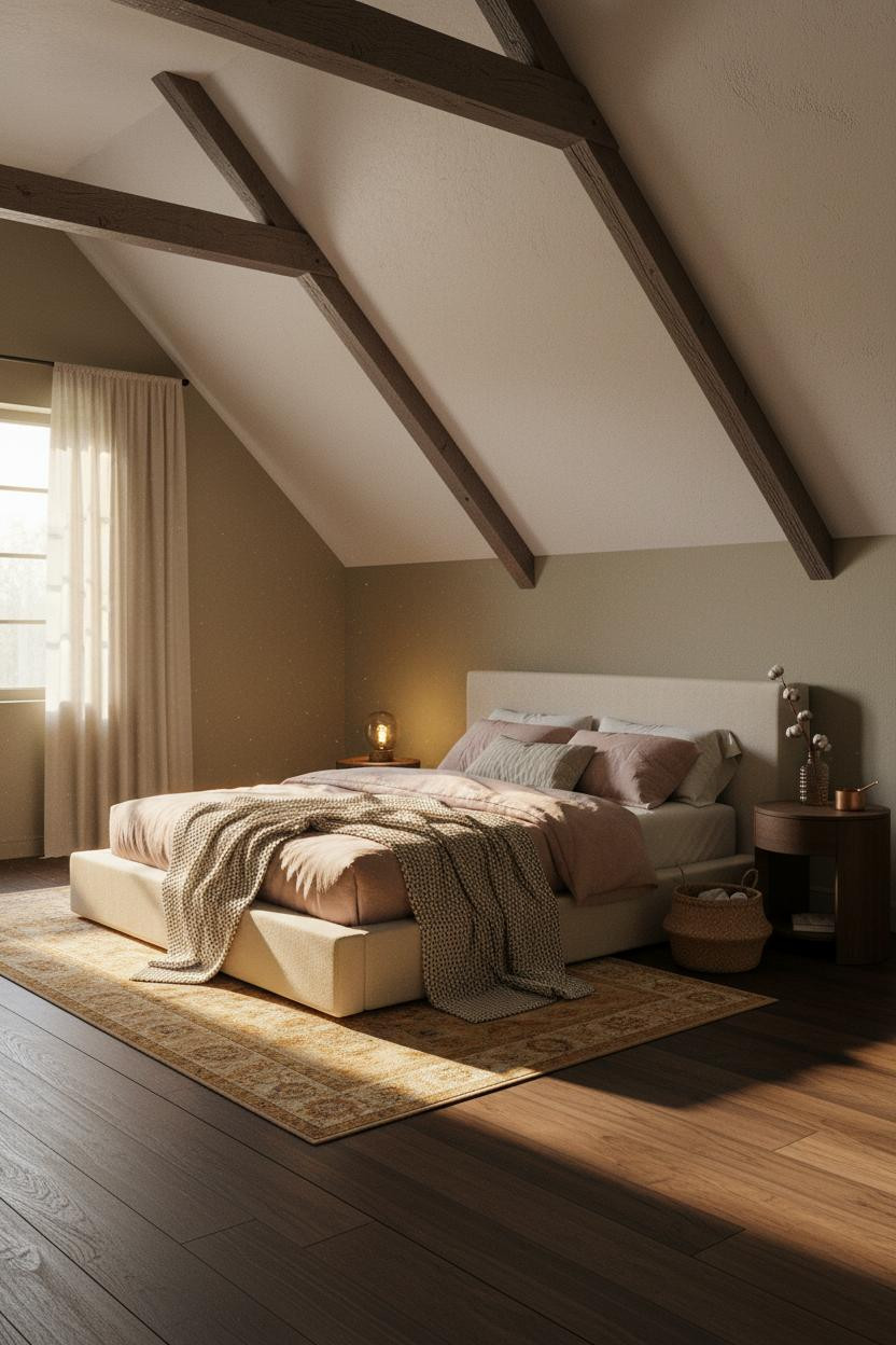 Cozy Attic Bedroom Earthy Sloped Ceiling Warm Lighting