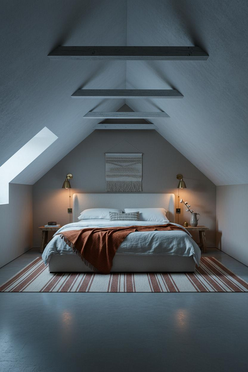 Cozy Attic Bedroom Earthy Warm Lighting Taupe Walls