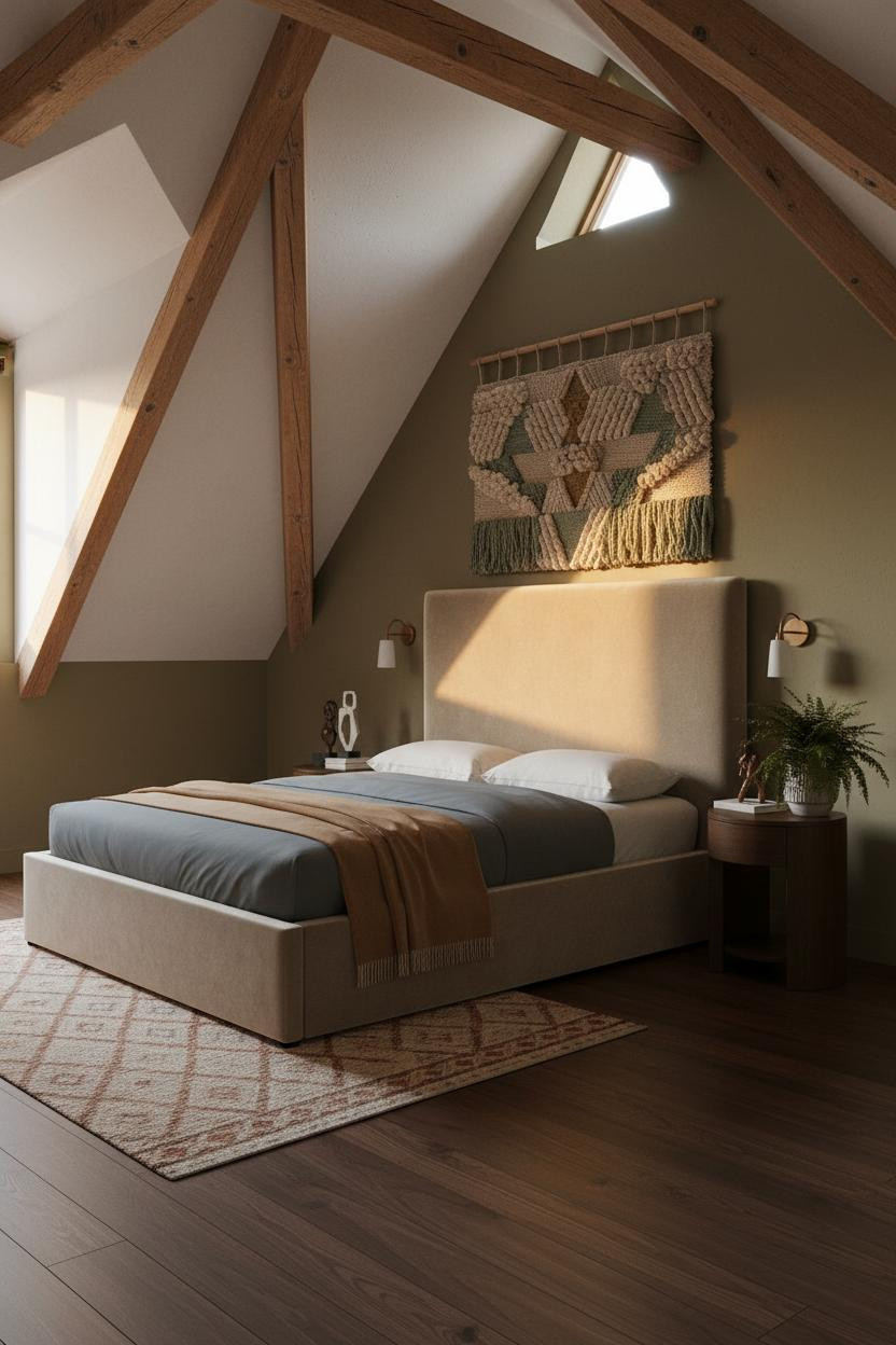 Cozy Attic Bedroom Exposed Beams Earthy Rustic Warmth