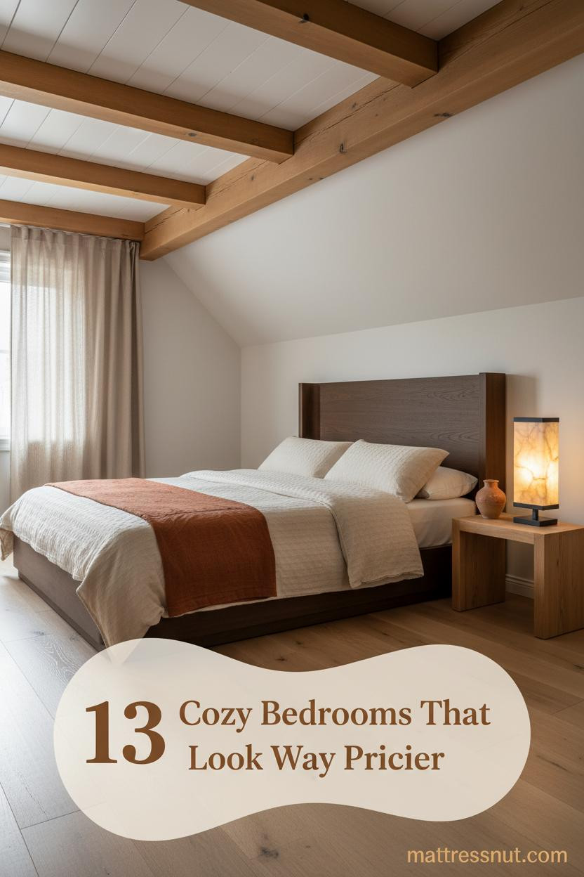 Attic bedroom with honey-brown timber beams, bleached oak floors, cream waffle bedding, rust linen throw, and warm amber lamp glow