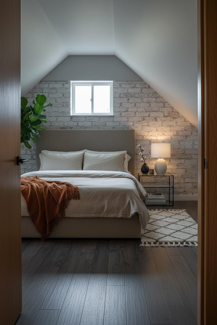 Cozy Attic Bedroom Low Ceiling Whitewashed Brick