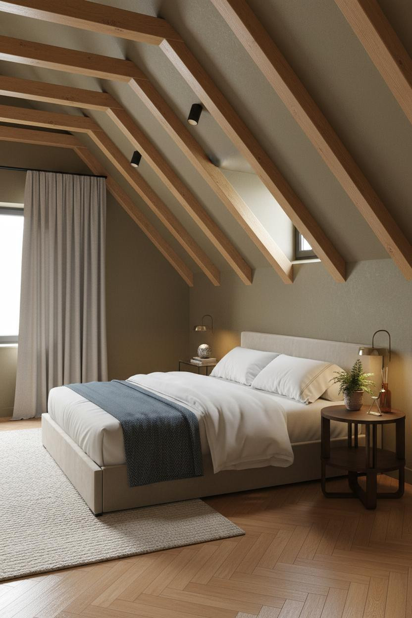 Cozy Attic Bedroom Low Ceiling Wood Beams