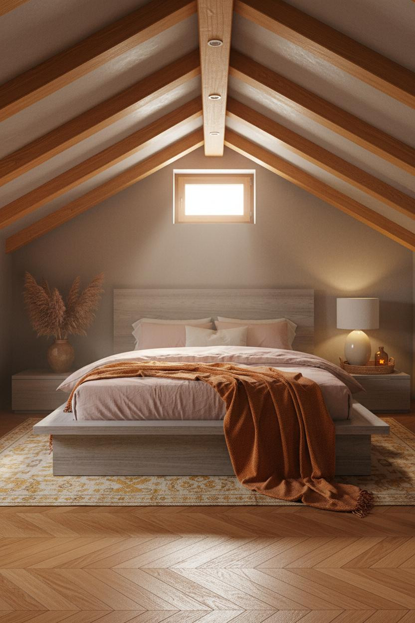 Cozy Attic Bedroom Wood Beams Earthy Warm Decor