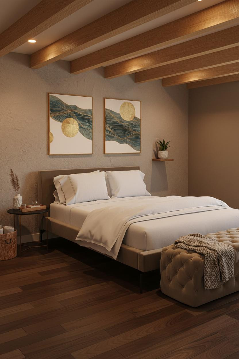 Cozy Basement Bedroom Japandi Warm Lighting