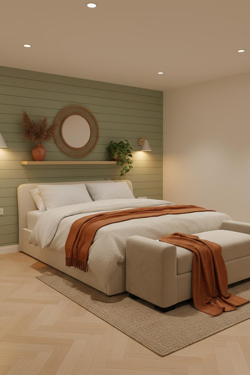 Cozy Basement Bedroom Sage Shiplap Warm Lighting