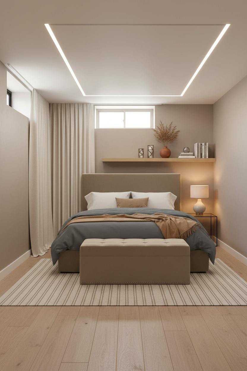 Cozy Basement Bedroom Warm Lighting Oak