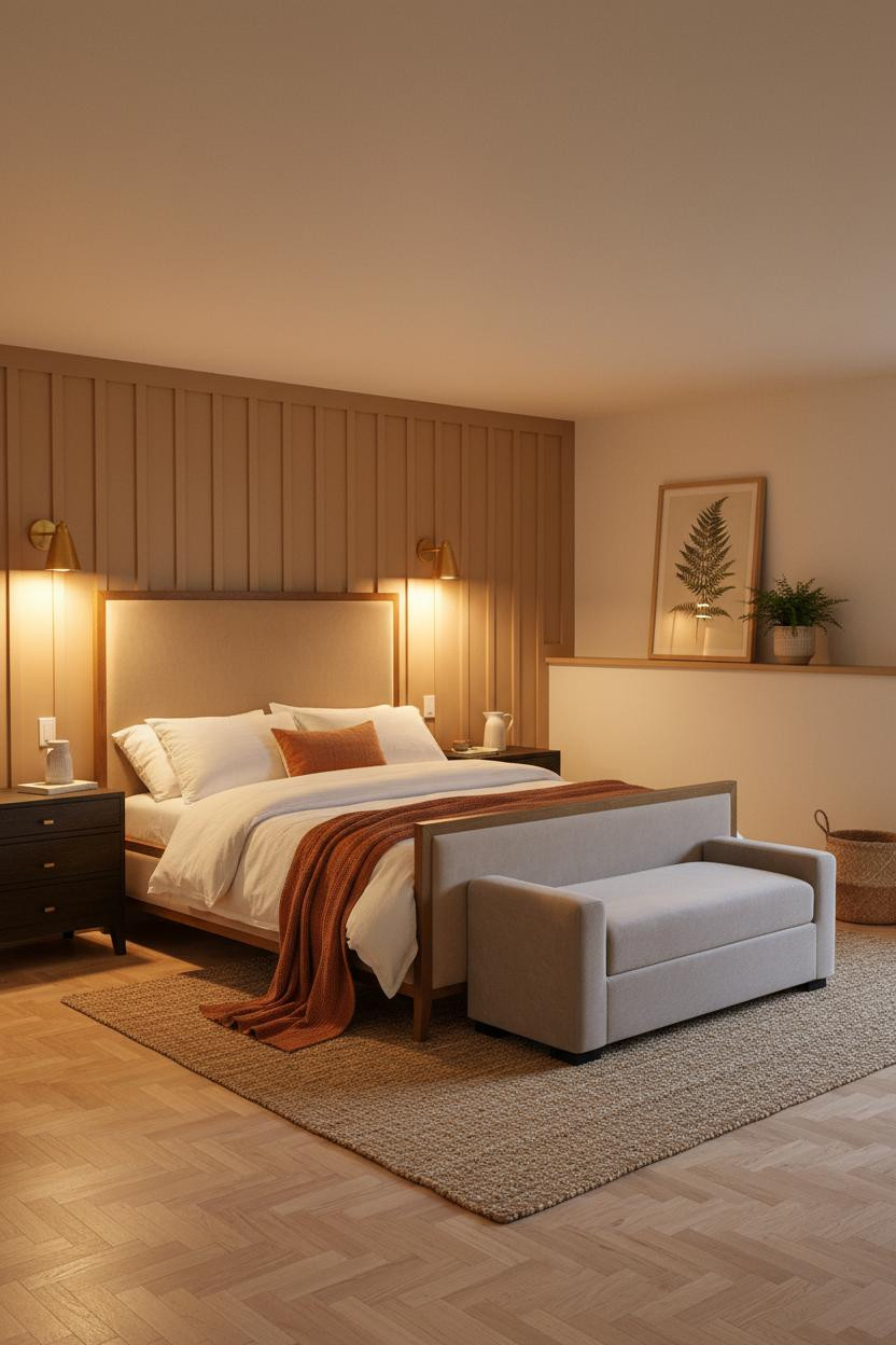 Cozy Basement Bedroom Warm Sconces Farmhouse