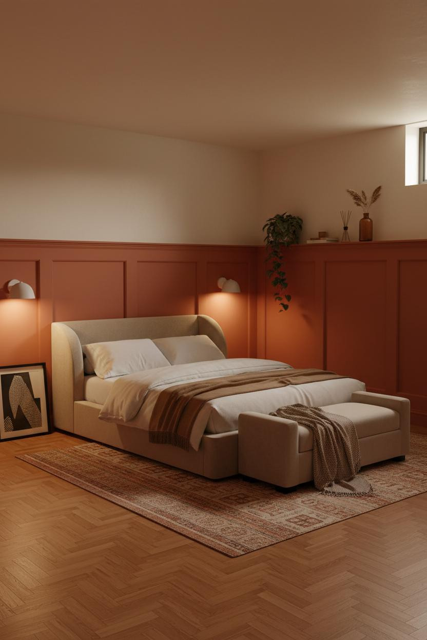 Cozy Basement Bedroom Warm Wainscoting Lighting