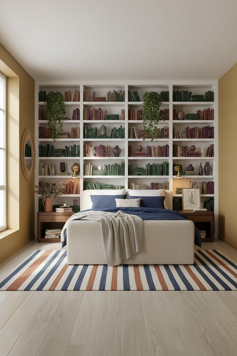 Cozy Colorful Bedroom Jewel Tones Shelving
