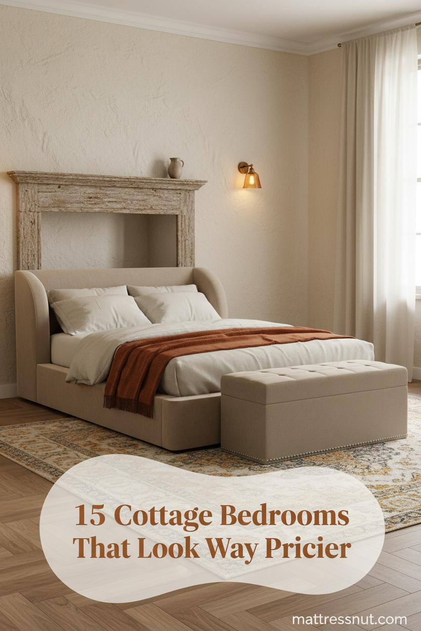 Cozy cottage bedroom with aged timber mantel, limewash plaster walls, honey herringbone parquet, ivory linen bedding and rust mohair throw