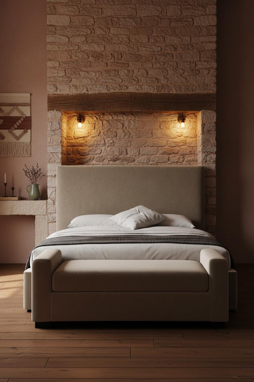 Cozy Cottage Bedroom Stone Chimney Lamplight