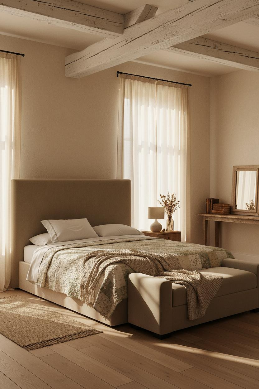 Cozy Cottage Bedroom Vintage English Timber Beams Quilts