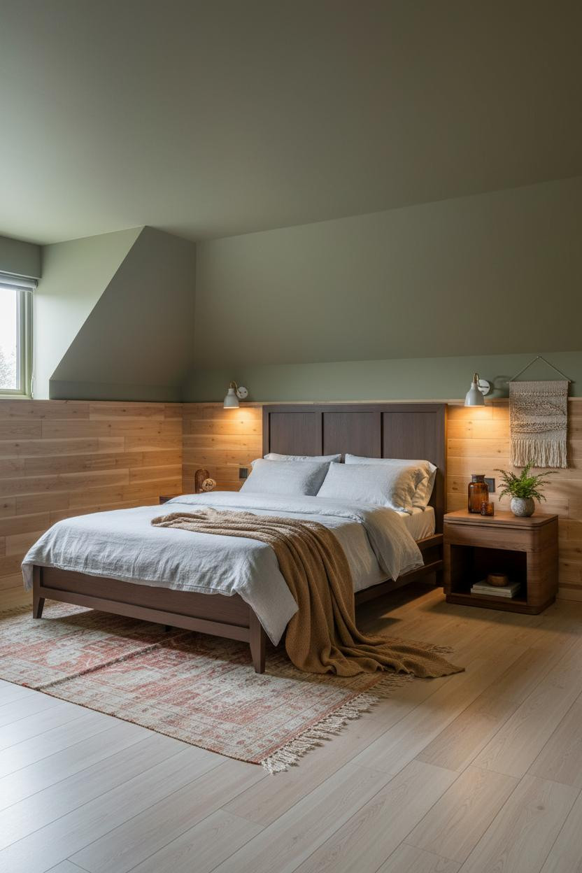 Cozy Green Attic Bedroom Wainscoting Design