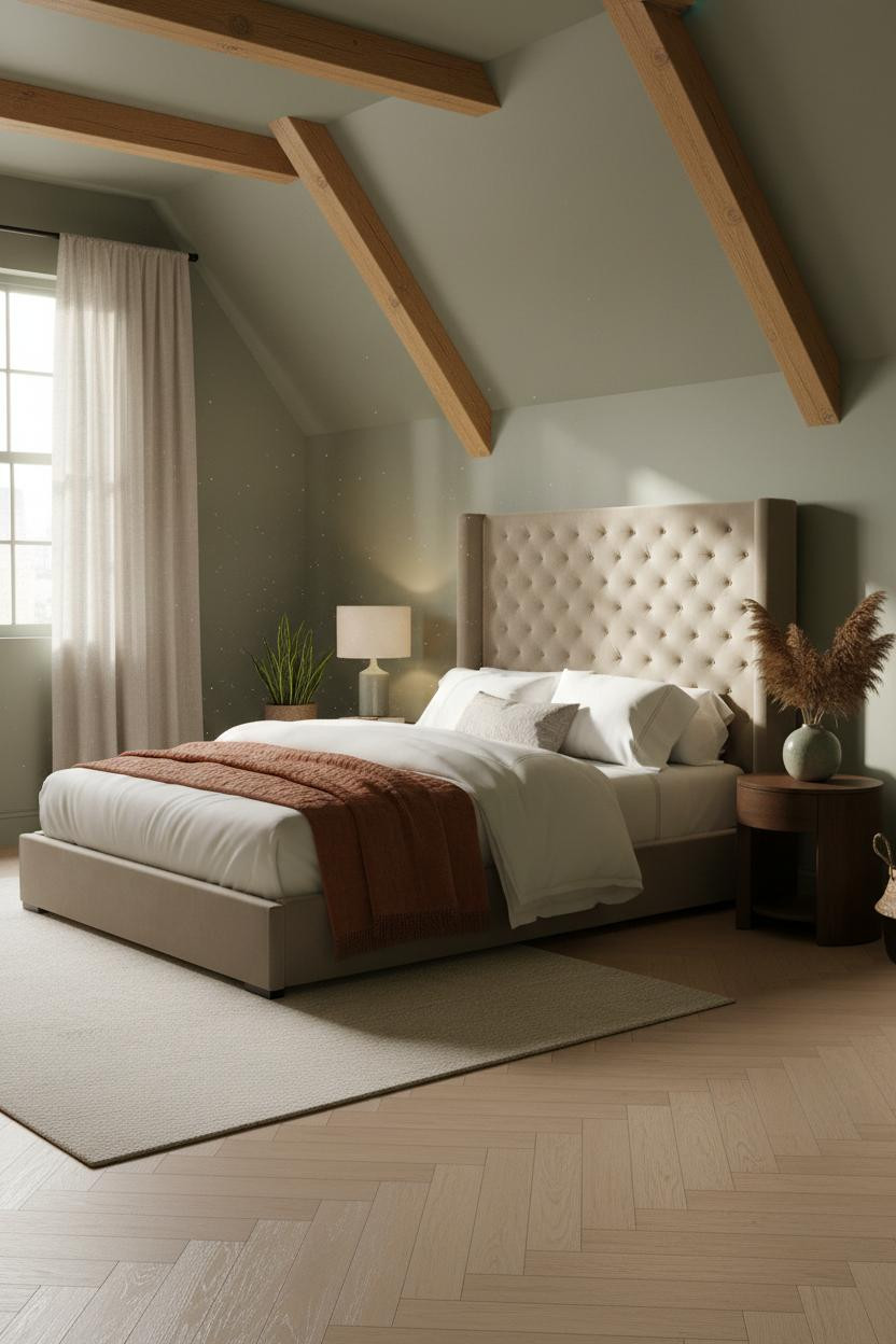 Cozy Green Bedroom Attic Japandi Sage