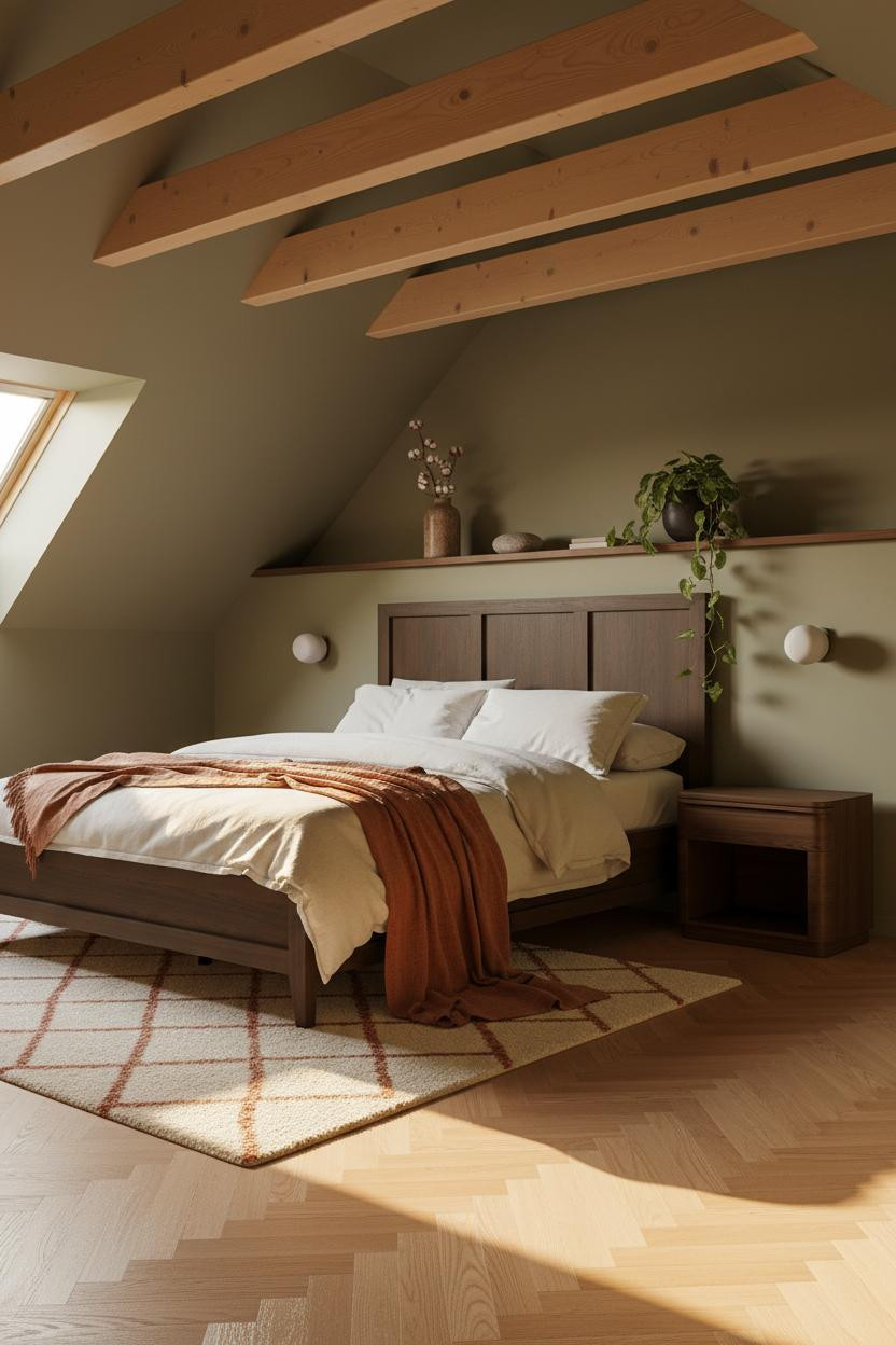 Cozy Green Bedroom Attic Japandi Warm