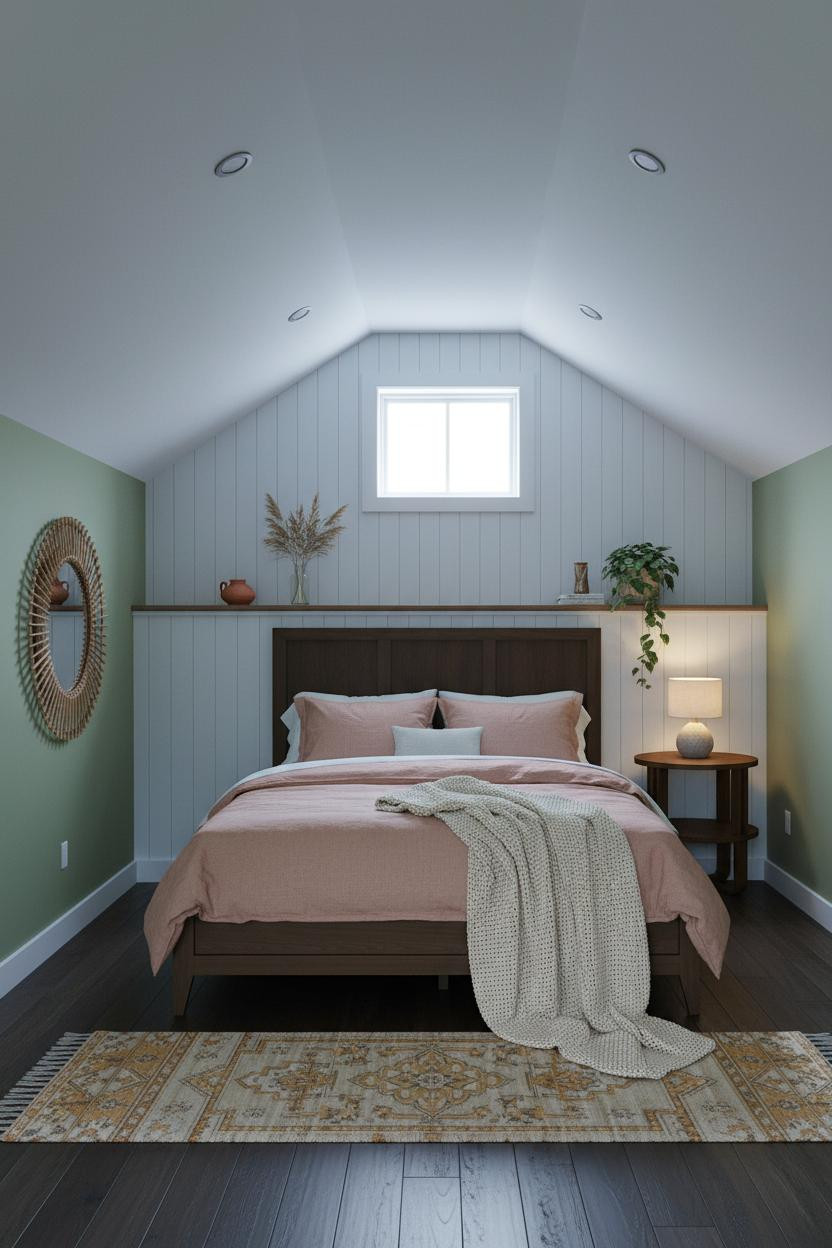 Cozy Green Bedroom Attic Shiplap Natural Light