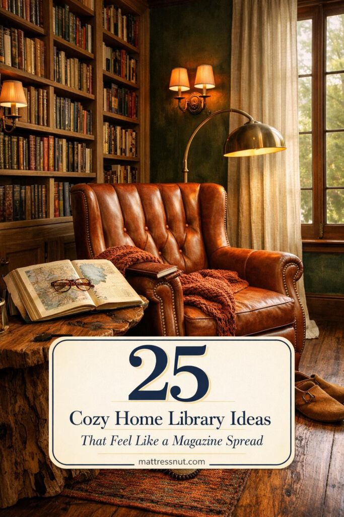 Warm home library featuring built-in bookshelves, plush reading chair, soft lighting, and wooden accents in neutral tones
