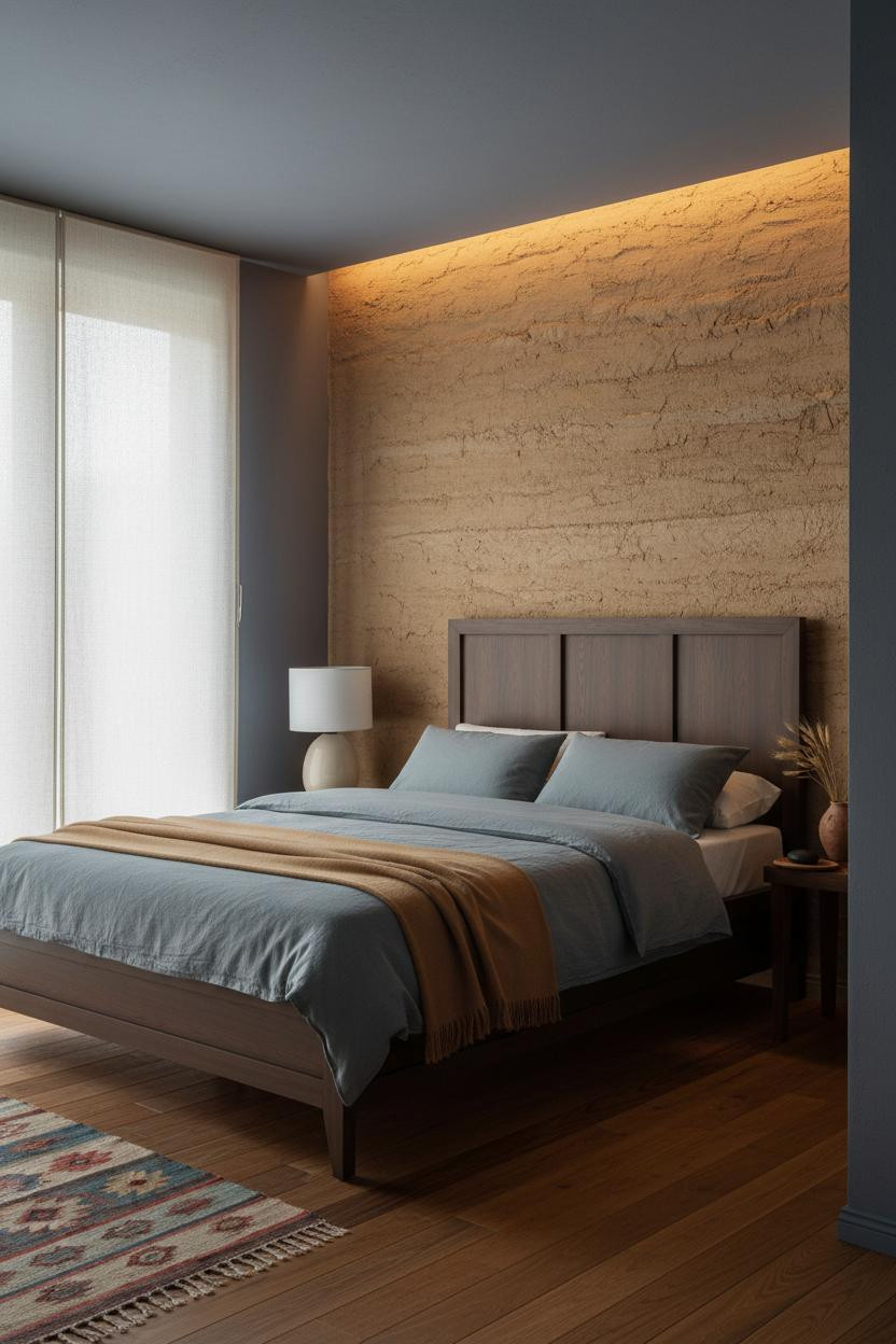 Cozy Japanese Bedroom Rammed Earth Wall