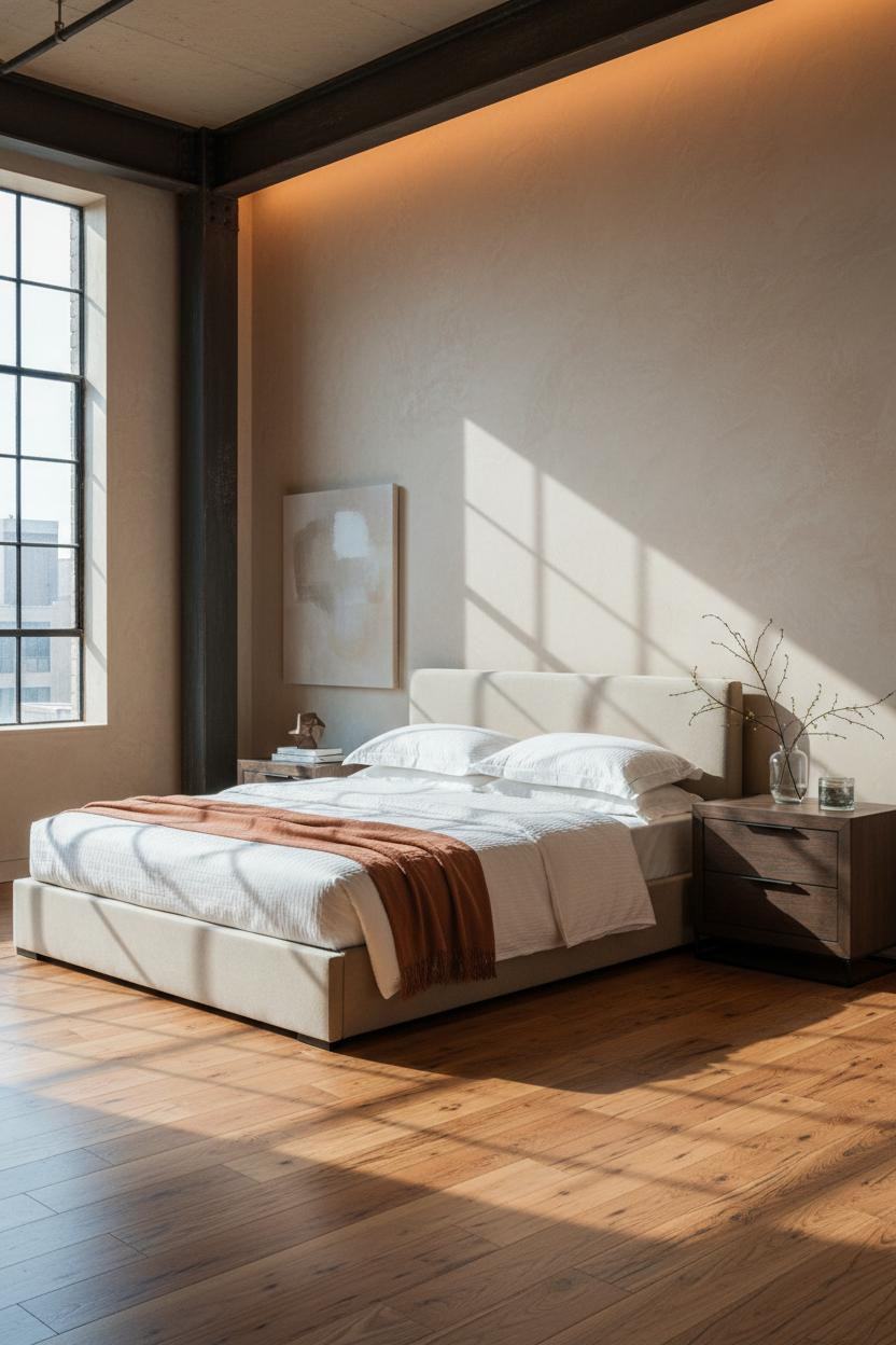 Cozy Loft Bedroom Exposed Beam Design