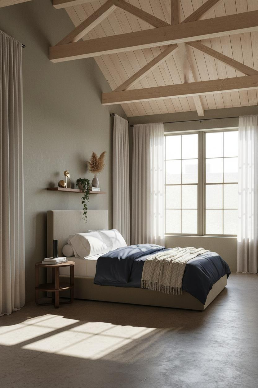 Cozy Loft Bedroom Exposed Beams Design