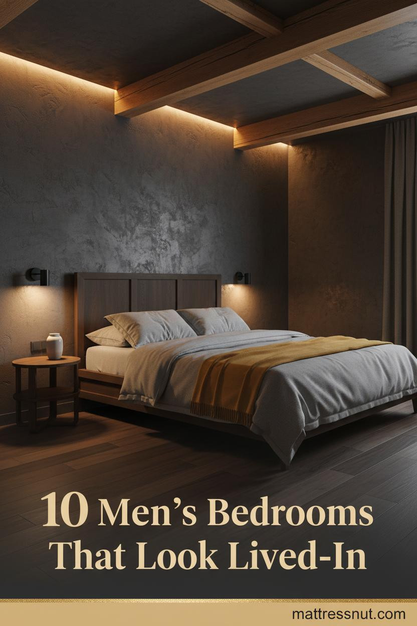 Cozy mens bedroom with charcoal clay plaster walls, walnut flooring, grey linen bedding, mustard wool throw, and warm amber cove lighting