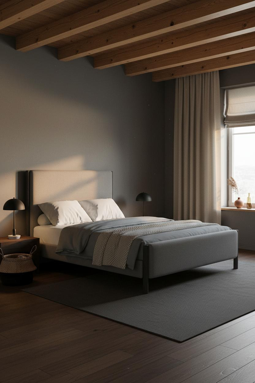 Cozy Mens Bedroom Japandi Walnut Wood