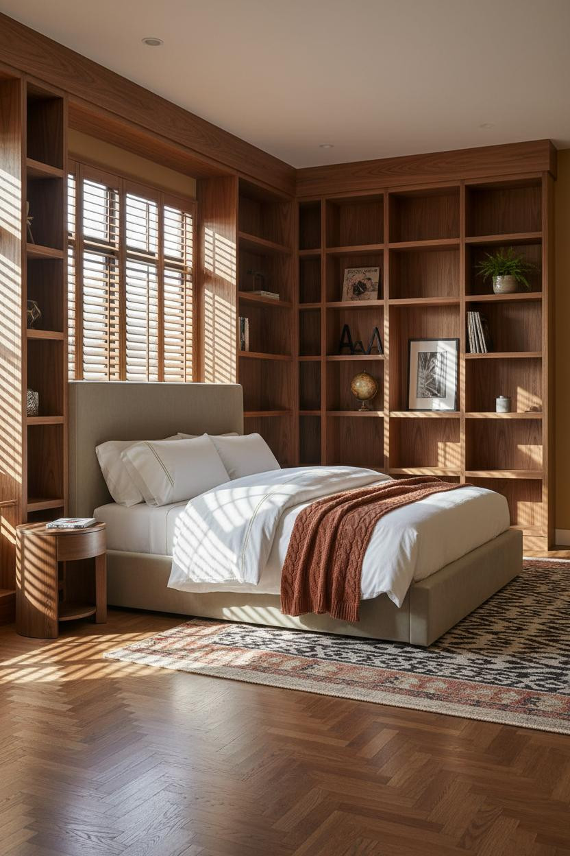 Cozy Mens Bedroom Walnut Shelves MCM