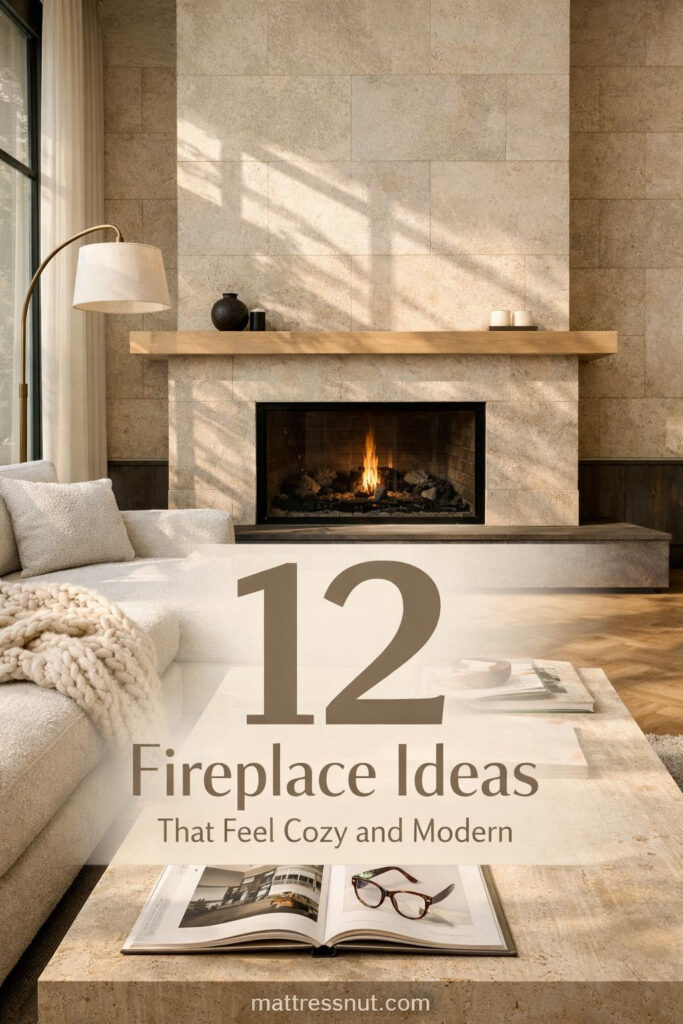 Modern living room featuring sleek linear fireplace with stone surround, built-in shelving, neutral tones, and contemporary decor