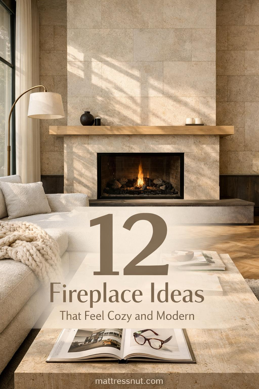 Modern living room featuring sleek linear fireplace with stone surround, built-in shelving, neutral tones, and contemporary decor